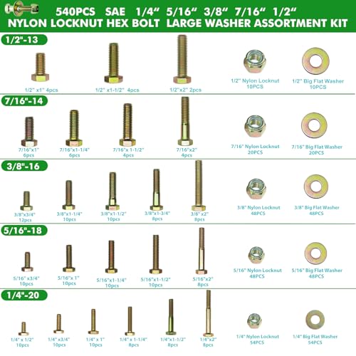 540pcs SAE Nylon Locknut Hex Bolt Flat Washer Assortment Kit