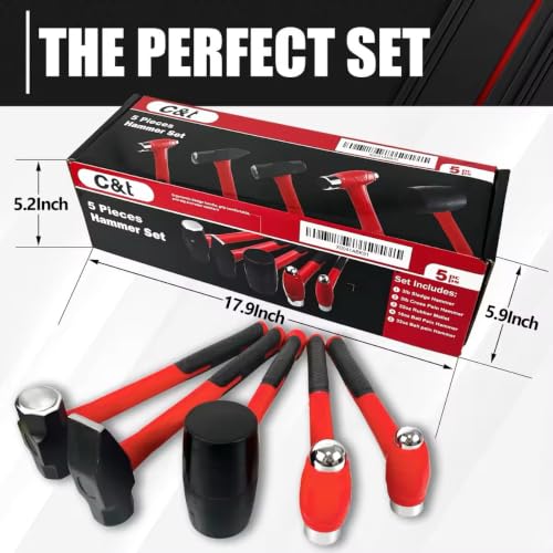 C&T 5-Piece Hammer Set, 16oz Ball Peen Hammer, 32oz Ball Peen Hammer, 32oz Rubber Mallet, 3lb Sledge Hammer, 3lb Cross Peen, Fiberglass Handle & Mallet Set