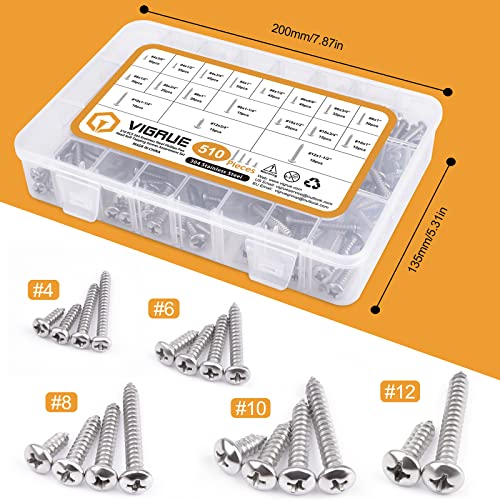 VIGRUE 510Pcs Stainless Steel Wood Screws Assortment Kit, #4#6#8#10#12 Phillips Pan Head Sheet Metal Screws Self Tapping Screws Set,Length 3/8" to 1-1/2"