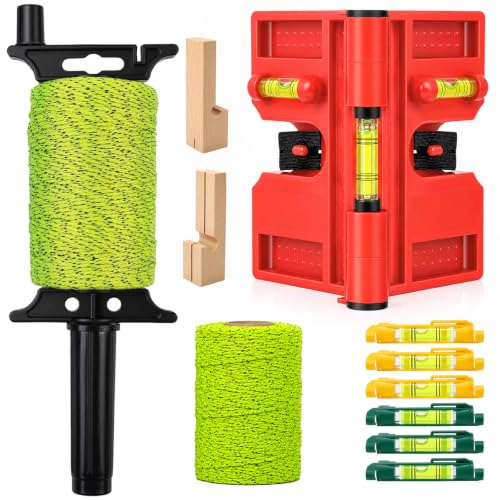 Mason Line String Kit with Adjustable Magnetic Post Level – Includes 6 hanging line levels, 2 rolls 540FT #18 mason line & reel, 2 beech wood blocks. Works on metal & non-metal posts. High visibility.