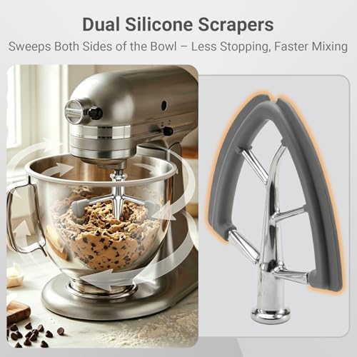 Stainless Steel Flex Edge Beater Replacement for 4.5-5 QT KitchenAid Tilt-Head Stand Mixer, Dual Silicone Scrapers Flat Paddle Attachment, Dishwasher Safe & Chip-Resistant