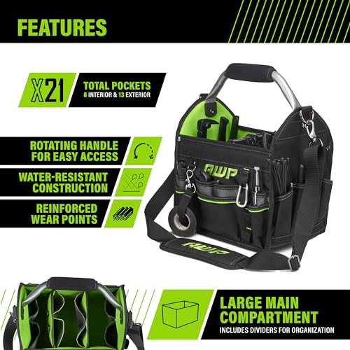 AWP 12 Inch Pro Tool Tote with Rotating Handle for Easy Tool Access, Water-Resistant Construction, Black