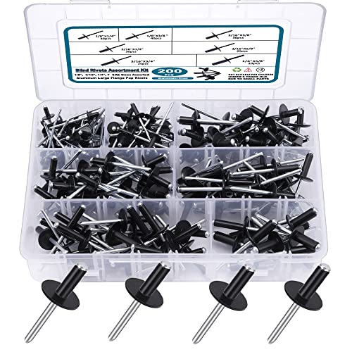 SATANTECH 200PCS Black Rivets Pop Rivets Assortment Kit, Large flange Aluminum Rivets(1/8" 3/16" 1/4") Assorted Blind Rivets with Case
