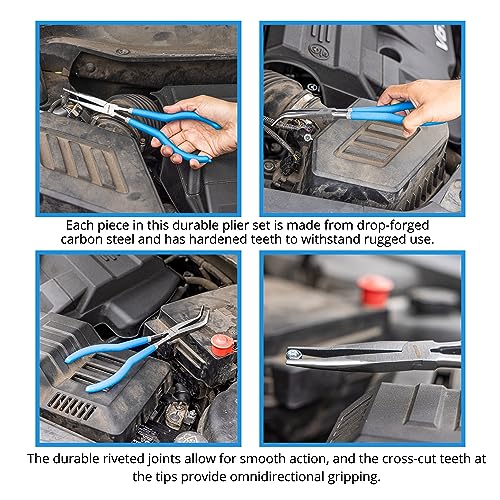 NEIKO 02105A (4) Long Nose Plier 11” Long Reach, Straight, Angle, Curved Pliers, 45 & 90 Degree, bent Head Needle Nose Pliers Set for Mechanics, Long Handle Pliers