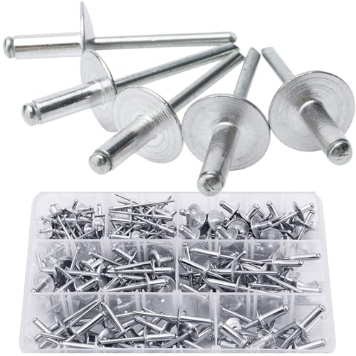 LAZIRO215PCS Pop Rivets Assortment Kit, Large Flange Aluminum Rivets(1/8" 5/32" 3/16") Assorted Blind Rivets with Case(Silver) (Rivets Assortment Kit)