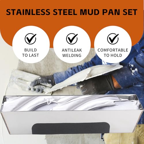 12" Stainless Steel Mud Pan,Anti-slip Base,Sheared Sides to Clean Knives, Hold Joint Compound, Drywall and Plaster