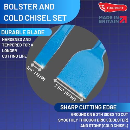 Footprint Bolster and Cold Chisel Set - Essential Heavy Duty Hand Tools for Builders, Bricklayers and DIY. Fully Forged for Superior Strength. Use on Brick, Mortar, Plaster, Floor, Stone.
