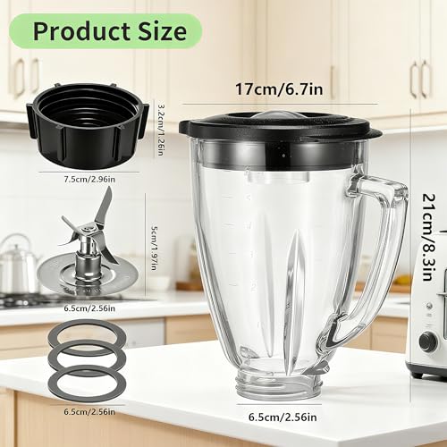 6 Cup Blender Glass Jar with Blade，Including 1 glass jar with lid 1 4fins blade 1 blender jar base 3pcs seal gasket. Replacement Parts for Oster Osterizer (NOT fit Pro, Master or Versa models)