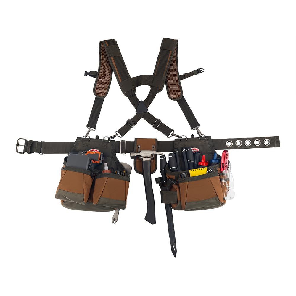 Bucket Boss - AirLift Tool Belt with Suspenders, Tool Belts - Original Series (50100) with 12 pockets, Brown , 52 Inch