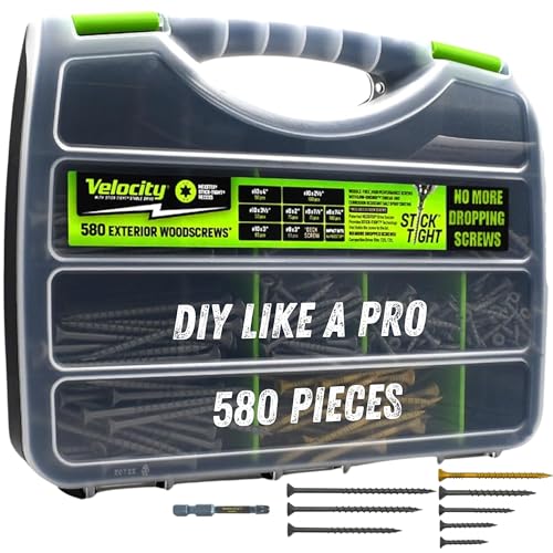 Velocity Exterior Wood Screws Site Case - Wood Screws Assortment Kit in 7 Sizes, Stick Tight Technology, Includes 4 Hexstix Drive Bits and Storage Organizer (580 Pieces)