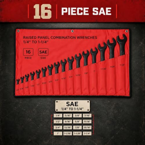 ABN SAE Combination Wrench Set, 16 Piece Standard Wrenches 1/4 to 1-1/4 Inch with Roll Up Pouch, Large Open and Box End Mechanic Tool Set
