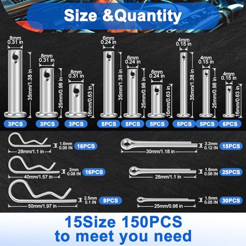 150PCS Premium 304 Stainless Steel Clevis Pins Cotter Pins R Clips Assortment Kit, 15 Sizes Single Hole Flat Head Cotter Clips Fasteners for Trailer Hitch, Automotive, Machinery Use