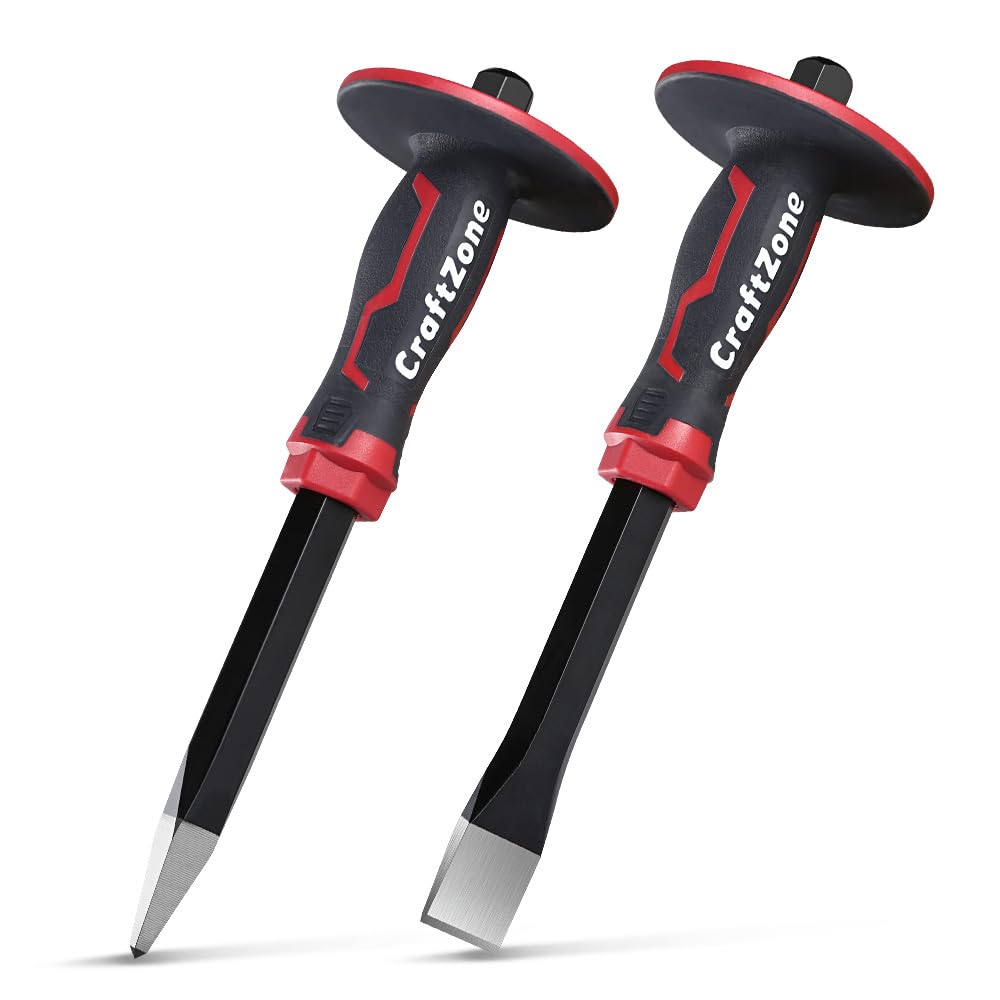 Masonry Chisel Set - 2-Piece Heavy Duty Pointed & Flat Rock Chisels, Concrete Stone Chisel with Hand Protection for Brick Breaking Carving Splitting Cutting Mason Tools