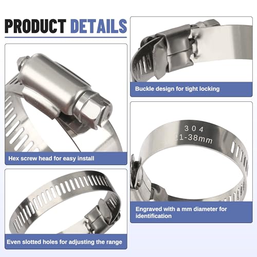 Ailbiuko 200 PCS 304 Stainless Steel Hose Clamp Kit,1/4"-2"(6-51mm)