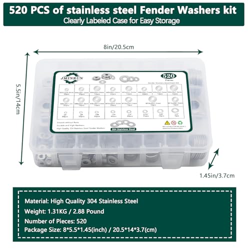 Fender Washers, 520 Pcs SAE + Metric 23 Sizes Flat Washers Assortment Set, 304 Stainless Steel Assorted Hardware Washers Kit for Bolts (M3 M4 M5 M6 M8 M10 M12 6# 8# 10# 1/4 5/16 3/8 1/2)