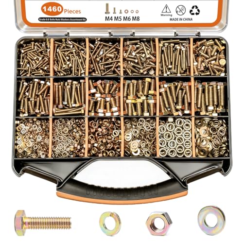 1460PCS Nuts and Bolts Assortment Kit - M4 M5 M6 M8 Grade 8.8 Bolts with Nuts & Washers - Heavy Duty Hex Head Bolts Assortment for Automotive Repair, Machinery, Furniture - Zinc Plated
