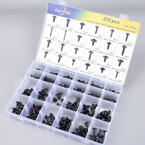 OAUTOO 270pcs Automotive Body Screw Phillips Head Self Tapping Screw Washer Head Screws Assortment Kit #8#10#12#14