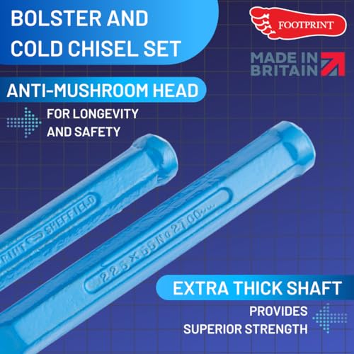 Footprint Bolster and Cold Chisel Set - Essential Heavy Duty Hand Tools for Builders, Bricklayers and DIY. Fully Forged for Superior Strength. Use on Brick, Mortar, Plaster, Floor, Stone.