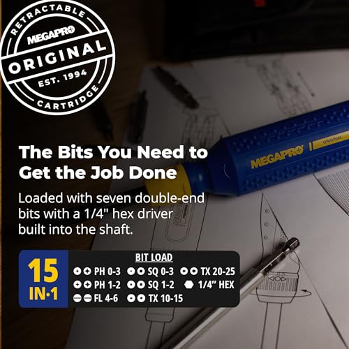 MEGAPRO® 15-in-1 Original Multi-bit Screwdriver, Home DIY & Repair, Construction, Tradeswork, 14 Industrial-grade bit tips, 1/4" Hex Drive in shaft (The Original)