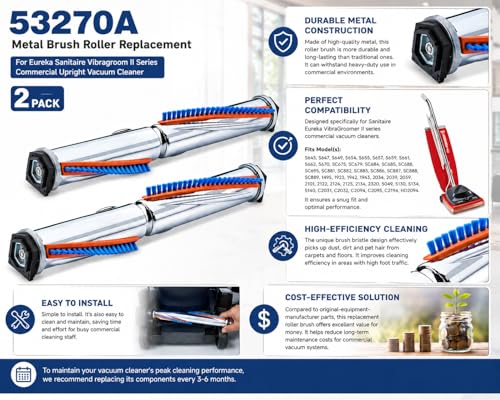 53270A Brush 12" Roller Replacement for Sanitaire Eureka VibraGroomer II Commercial Vacuum Cleaner, Metal Beater Bar Assembly, Fits SC684 SC688 SC679 SC695 SC886 SC887 SC888 SC889, 2 Pack