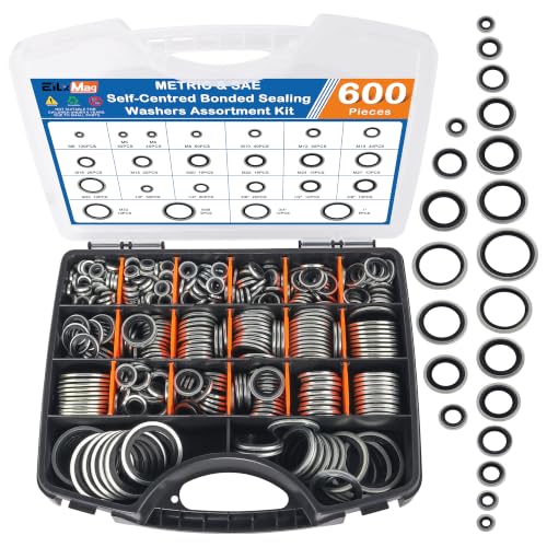 600PCS Metric & SAE Bonded Sealing Washers Kit, 21Sizes Rubber Washers Kit