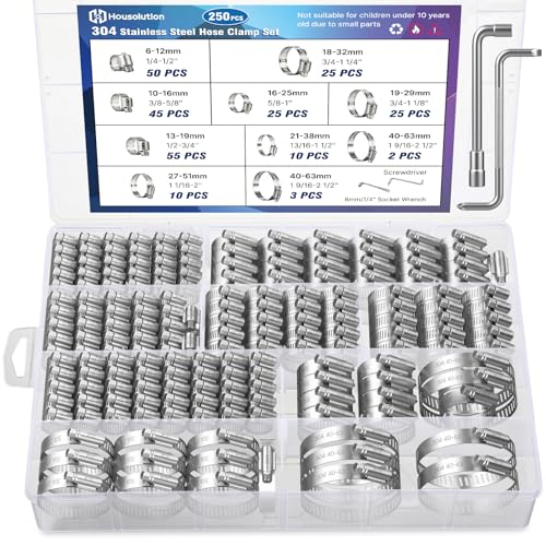 Housolution 250 PCS Pipe Clamps from 1/4" to 2.5" (6-63mm) with Clamp Tool