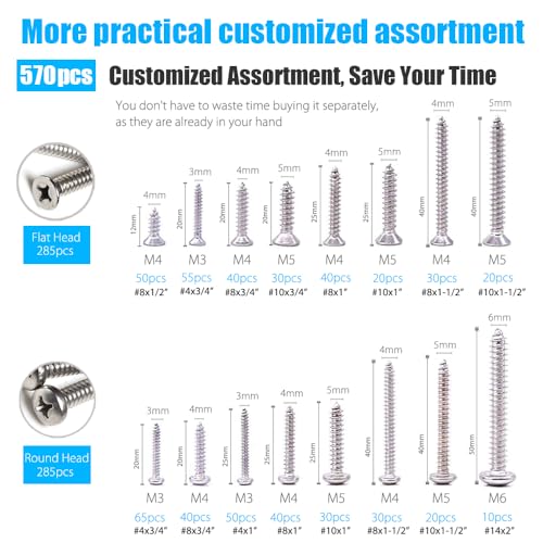 CASAON 570Pcs Self Tapping Screws Assortment Set, M3/M4/M5/M6 304 Stainless Steel Sheet Metal Screws Kit, Phillips Drive Wood Screw Assortment 570pcs (285pcs Round Head and 285pcs Flat Head)