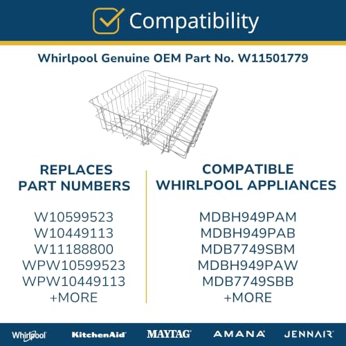 Whirlpool W11501779 Genuine OEM Dishwasher Upper Dishrack Assembly Replacement Part - Replaces W10599523, W10449113, W11188800, WPW10599523, WPW10449113, W10918525, and W10889618