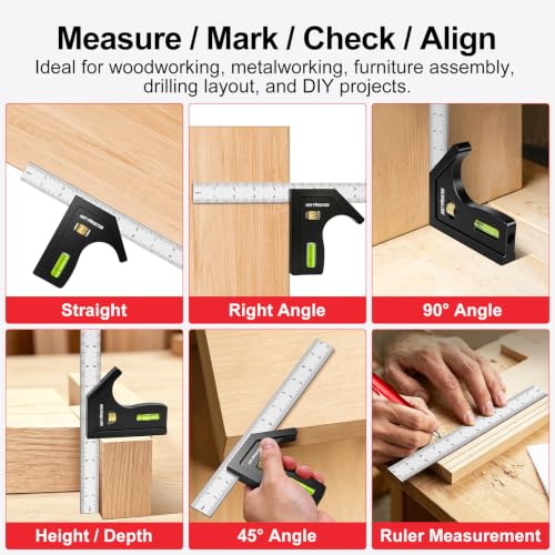 ArtyMaster 12'' Combination Square Adjustable Stainless Steel Layout Tool