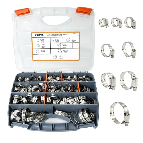 NRNBDG 304 Stainless Steel Hose Clamps Assortment Kit 200PCS, Adjustable Worm Gear Hose Clamps Sizes 1/4 Inch to 2 Inch (6-51mm) for Plumbing, Automotive, Marine, Fuel Line, Silicone Hose