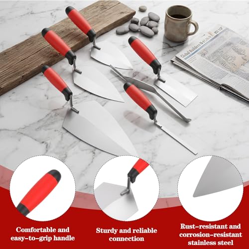 Kuyeyzu 6 Pcs Masonry Hand Tools Set Includes 11" Brick Trowel, 2 Pointing Trowels, 5" Margin Tool, 11.5" Tuck Pointing Tool, and 5/8" x 1/2" Convex Brick Jointer