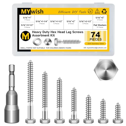 Mywish 5/16 Hex Head Lag Screws Assortment Kit, 74Pcs Heavy Duty Lag Bolts with Washers, 304 Stainless Steel Bolts 18-8 7-Size Wood Screws for Outdoor, Bright Finish 5/16 Bolt