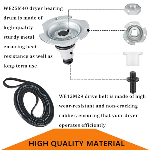 WE25X205 WE25M40 Dryer Drum Bearing Replacemnt Kit Contains WE12M29 Drum Drive Belt WE1M333 Drum Bearing Slide - Compatible With GE Hotpoint Replaces AP2619300,784658,PS267529