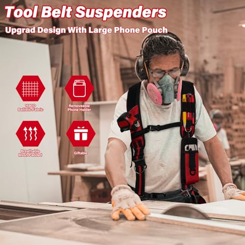 MELOTOUGH Tool Belt Suspenders Tool Bag Suspenders Padded Construction Work Belt Suspenders for Carpenter/Electrician/Roofing/Framers work Suspension Rig(Red)
