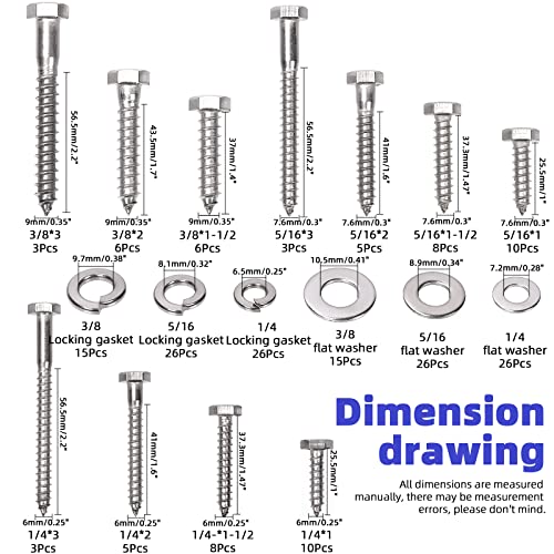 Glarks 201Pcs 1/4" 5/16" 3/8" 304 Stainless Steel Hex Lag Screws Assortment Kit Hex Lag Bolts with Flat Washers and Lock Washers Set for Fixing Metal, Wood, Plastic Materials