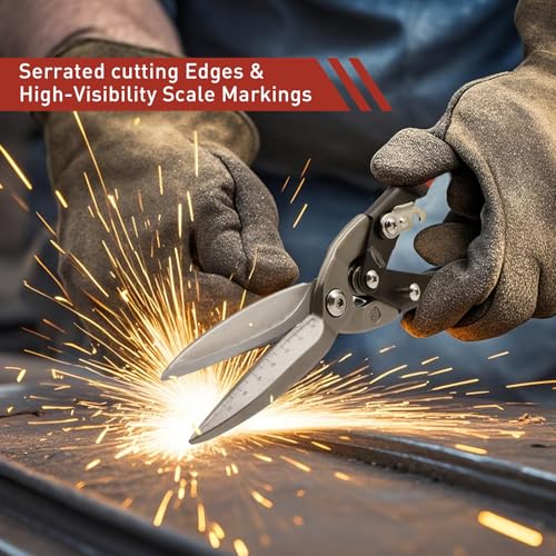 HOUSERAN 12 Inch Aviation Snips, Long Straight Cut Tin Snips, Heavy Duty CR-MO Metal Cutters with Double Lever, Scale Markings & Safety Lock, Shears Scissors for Cutting Metal Sheet