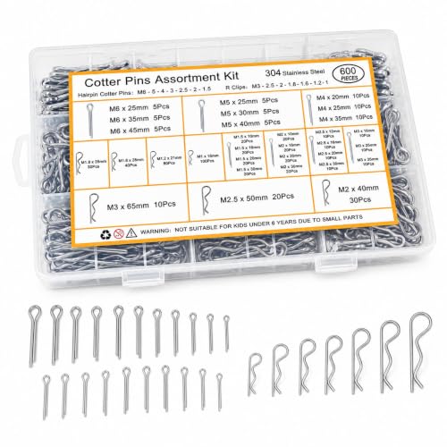 600 Pcs Cotter Pin Assortment Kit 304 Stainless Steel Split Pins & R Clips