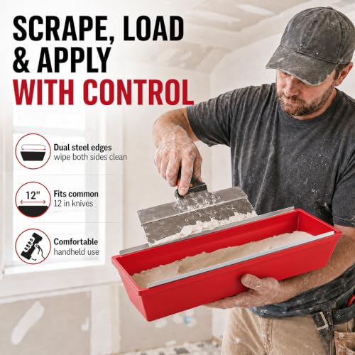 ElaraBerry 4 Pack 14 Inch Plastic Drywall Mud Pans with Dual Steel Scrapers