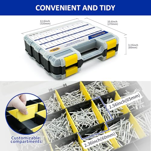 1699Pcs Silver Aluminum-steel Pop Rivets and 304 Stainless Steel Washers Assortment Kit,25 Sizes(3/32", 1/8",5/32", 3/16", 1/4"), with Double-Sided Storage Box, for Metals, Furniture, Automotive