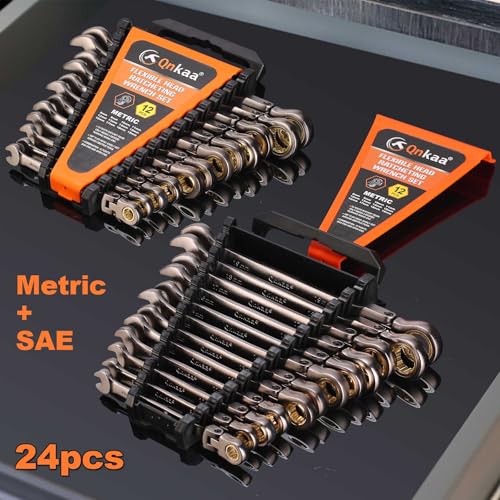 Qnkaa Flexible Ratcheting Wrench Set 24pcs Metric 8-19mm & SAE 1/4” to 7/8“