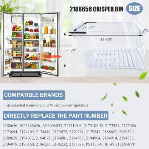 2188656 Crisper Bin (Upper) Replacement for Whirlpool Refrigerator, Refrigerator Drawers, Kenmore Whirlpool Fridge Crisper Drawer Replacement Part WP2188656, 2188656, Thicker, Clear