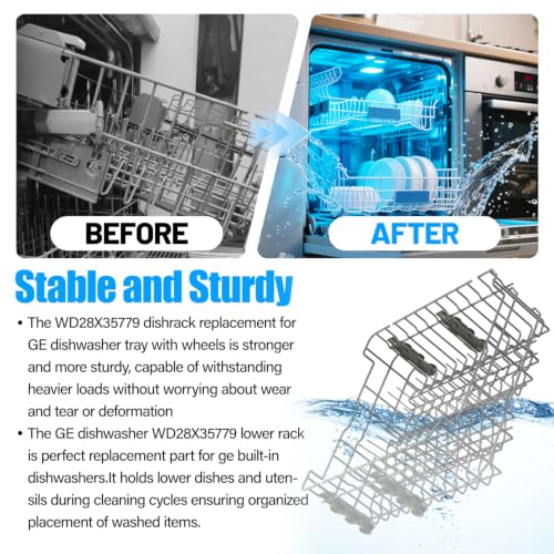 Upgraded WD28X35779 Dishwasher Upper Rack Compatible with GE Dishwasher Rack Replacement WD28X30219 GDF510PSR3SS GDF510PSM0SS GDF535PSR0SS GDT550HSD4SS GE Dishwasher Parts Top Rack Tray With Wheels