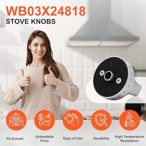 Stainless Steel WB03X24818 Gas Stove Knob for GE Gas Range, Compatible with JGB64, JGB66, JGB70, JGB72, JGB73, JGB86, JGBS6, JGBS8 GE Adora Series, Replaces PS11729081-5 Packs (1 Year Warranty)