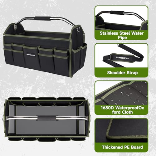 20In Electrician Tool Bag, Foldable Bags For Men Heavy Duty, Open Top Tool Tote, 30 Pockets Can Hold Many fittings, Organizer Stainless Steel Handle and Removable Shoulder Strap