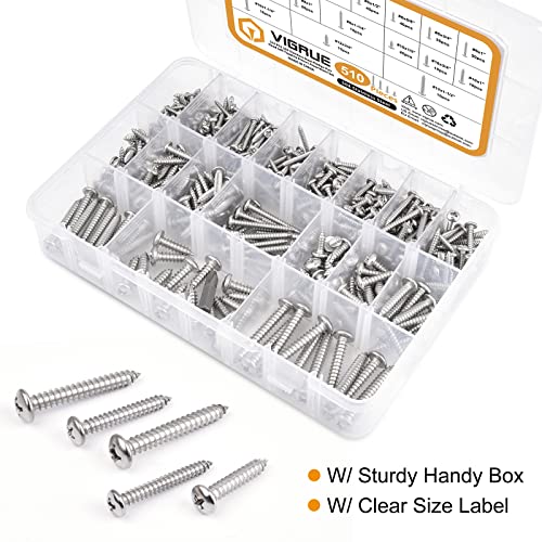 VIGRUE 510Pcs Stainless Steel Wood Screws Assortment Kit, #4#6#8#10#12 Phillips Pan Head Sheet Metal Screws Self Tapping Screws Set,Length 3/8" to 1-1/2"