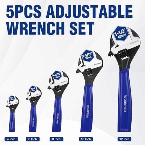 WORKPRO 5 PCS Adjustable Wrench Set, 4", 6", 8", 10" 12" Wide Jaw Wrenches