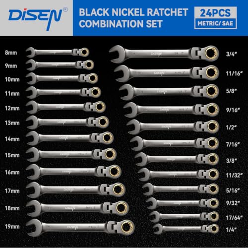 DISEN Ratcheting Wrenches Set 90 Tooth Flex-Head with Nickel Plating 24 Pcs