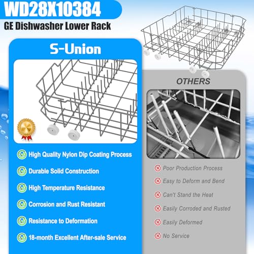 UPGRADED WD28X10384 Lower Rack Compatible with GE Dishwasher Rack Parts,WD28X10384 WD28X10165 WD28X10309 WD28X10166 GLD4560V00SS GLD4500N10BB GE Dishwasher Bottom Rack Replacement Parts with Wheels