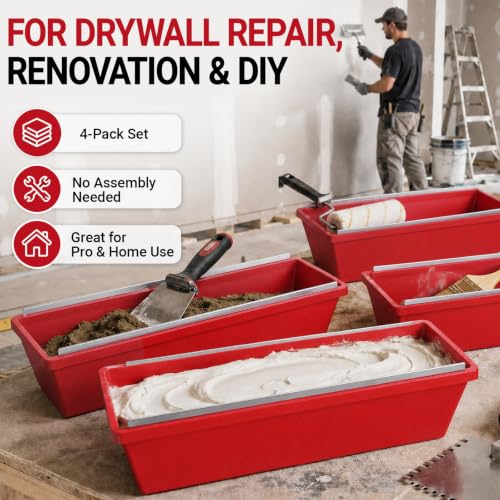 ElaraBerry 4 Pack 14 Inch Plastic Drywall Mud Pans with Dual Steel Scrapers