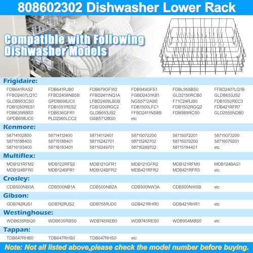 Upgraded 808602302 Dishwasher Lower Rack Compatible with Frigidaire Dishwasher Rack Parts,808602302 5304535768 154432601 FDB1050RES0 Frigidaire Kenmore Dishwasher Bottom Rack Replacement with Wheel